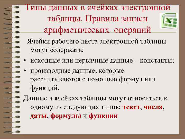 Типы данных в ячейках электронной таблицы. Правила записи арифметических операций Ячейки рабочего листа электронной