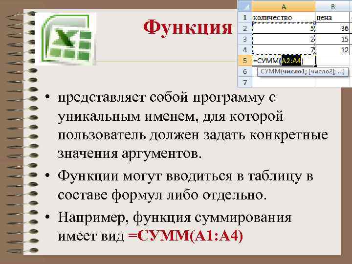 Функция • представляет собой программу с уникальным именем, для которой пользователь должен задать конкретные