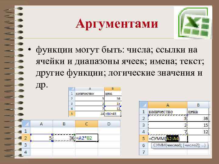 Аргументами • функции могут быть: числа; ссылки на ячейки и диапазоны ячеек; имена; текст;