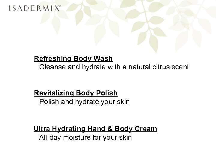 Refreshing Body Wash Cleanse and hydrate with a natural citrus scent Revitalizing Body Polish