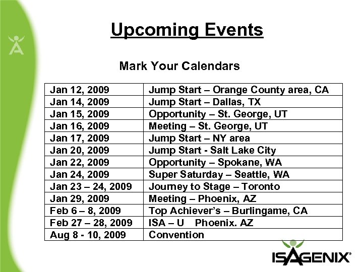 Upcoming Events Mark Your Calendars Jan 12, 2009 Jan 14, 2009 Jan 15, 2009