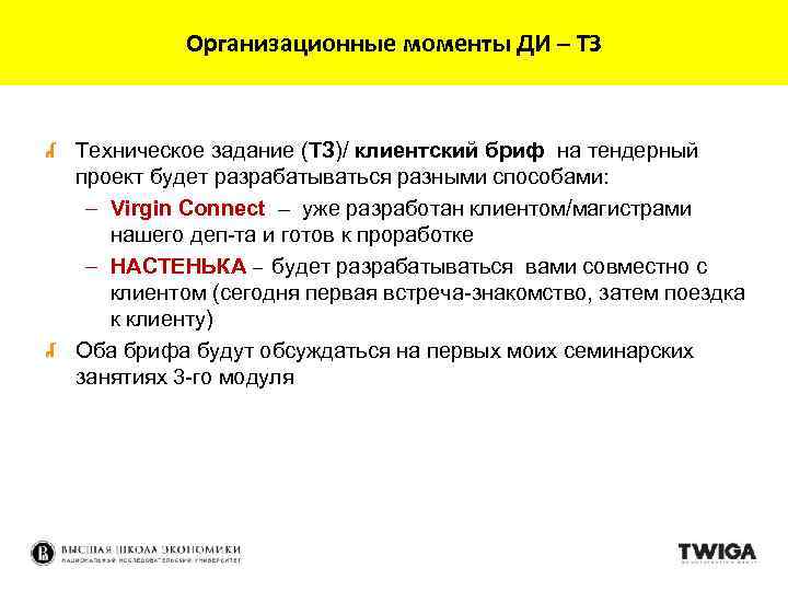 Организационные моменты ДИ – ТЗ Техническое задание (ТЗ)/ клиентский бриф на тендерный проект будет