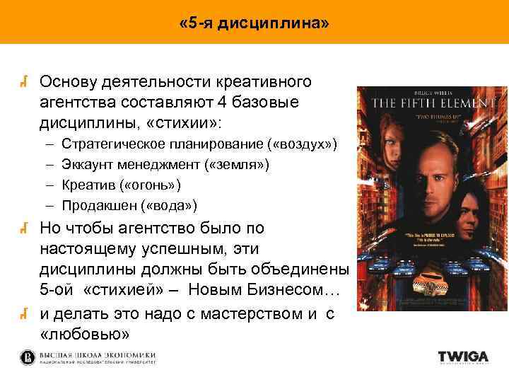  « 5 -я дисциплина» Основу деятельности креативного агентства составляют 4 базовые дисциплины, «стихии»