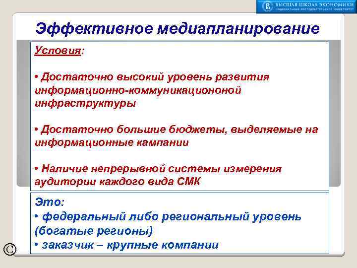 Эффективное медиапланирование Условия: • Достаточно высокий уровень развития информационно-коммуникациононой инфраструктуры • Достаточно большие бюджеты,