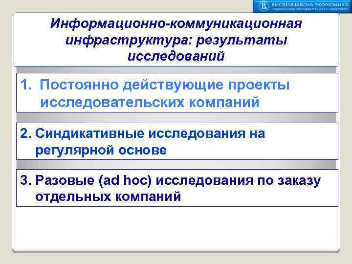 Информационно-коммуникационная инфраструктура: результаты исследований 1. Постоянно действующие проекты исследовательских компаний 2. Синдикативные исследования на