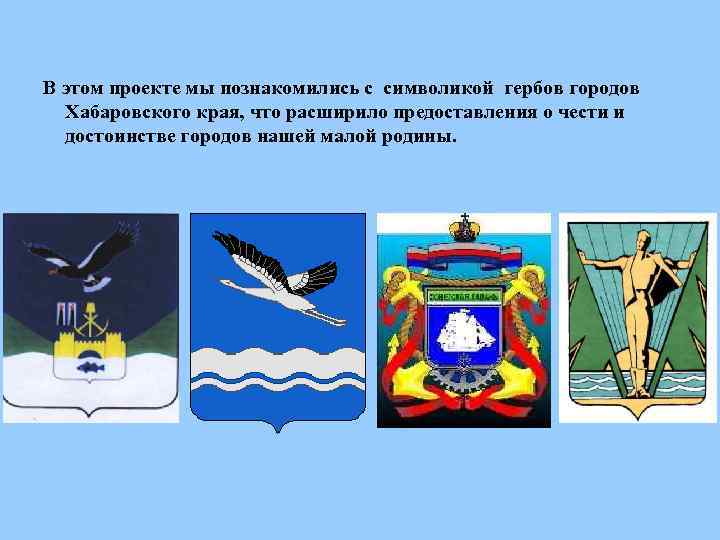 В этом проекте мы познакомились с символикой гербов городов Хабаровского края, что расширило предоставления