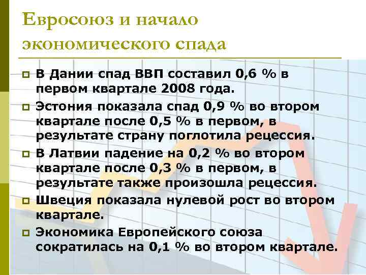 Евросоюз и начало экономического спада p p p В Дании спад ВВП составил 0,