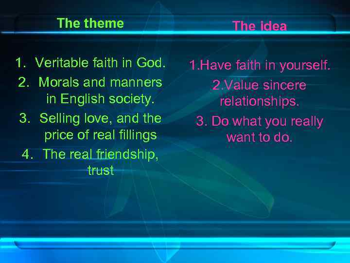 The theme The idea 1. Veritable faith in God. 2. Morals and manners in