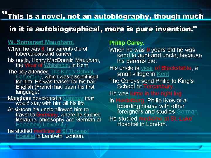 "This is a novel, not an autobiography, though much in it is autobiographical, more