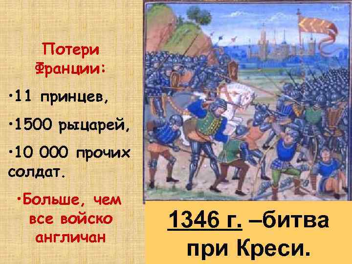 Потери Франции: • 11 принцев, • 1500 рыцарей, • 10 000 прочих солдат. •