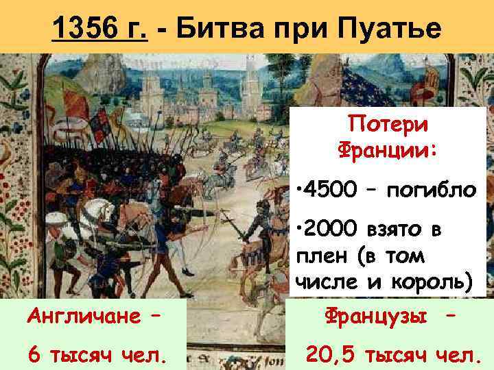 1356 г. - Битва при Пуатье Потери Франции: • 4500 – погибло • 2000