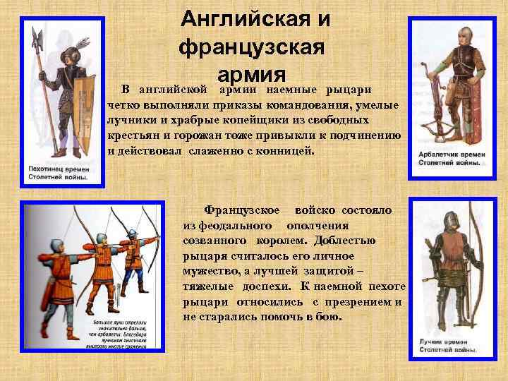 Английская и французская армия В английской армии наемные рыцари четко выполняли приказы командования, умелые