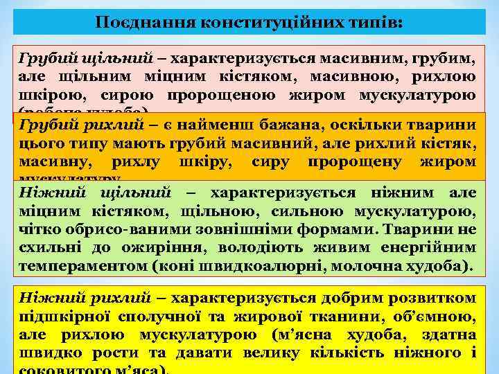 Поєднання конституційних типів: Грубий щільний – характеризується масивним, грубим, але щільним міцним кістяком, масивною,