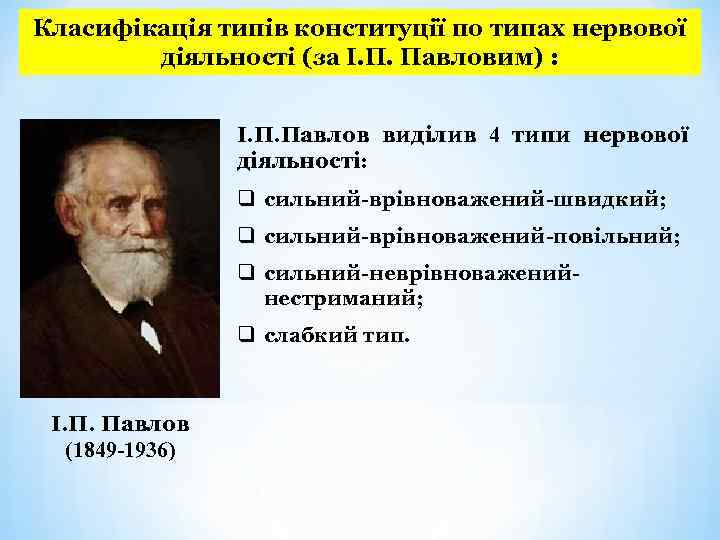 Класифікація типів конституції по типах нервової діяльності (за І. П. Павловим) : І. П.