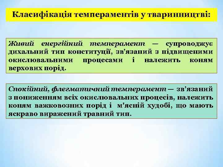 Класифікація темпераментів у тваринництві: Живий енергійний темперамент — супроводжує дихальний тип конституції, зв’язаний з