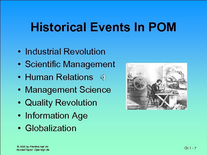 Historical Events In POM • • Industrial Revolution Scientific Management Human Relations Management Science