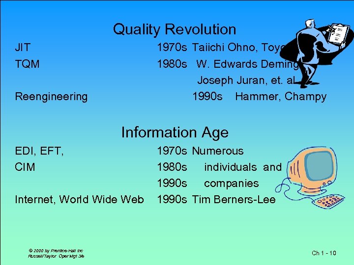 Quality Revolution JIT TQM 1970 s Taiichi Ohno, Toyota 1980 s W. Edwards Deming,