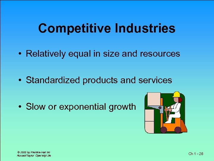 Competitive Industries • Relatively equal in size and resources • Standardized products and services