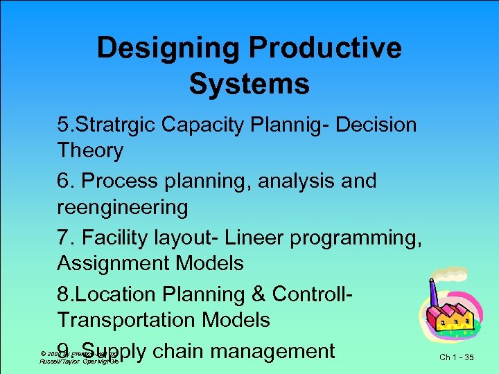 Designing Productive Systems 5. Stratrgic Capacity Plannig- Decision Theory 6. Process planning, analysis and