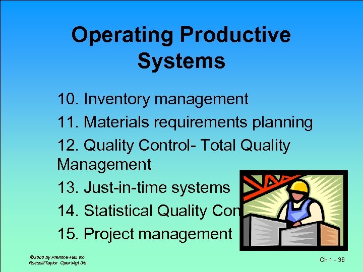 Operating Productive Systems 10. Inventory management 11. Materials requirements planning 12. Quality Control- Total