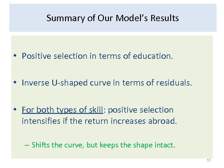Summary of Our Model’s Results • Positive selection in terms of education. • Inverse