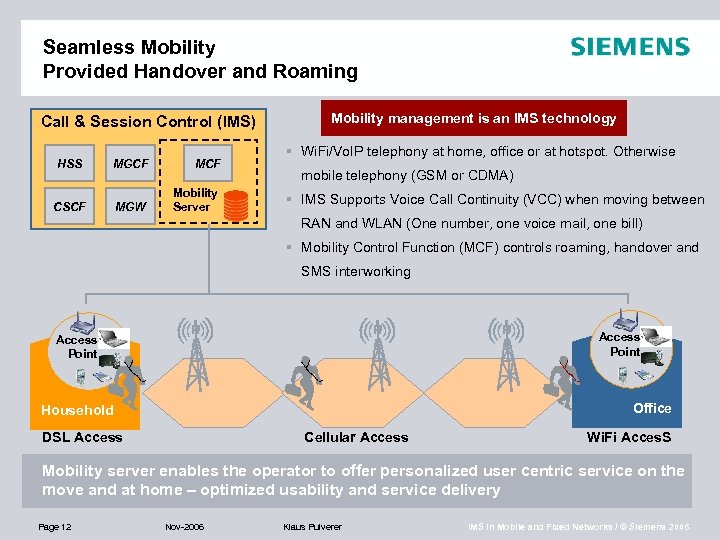 Seamless Mobility Provided Handover and Roaming Call & Session Control (IMS) HSS MGCF MCF