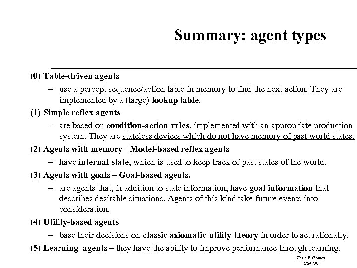 Summary: agent types (0) Table-driven agents – use a percept sequence/action table in memory