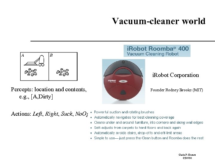 Vacuum-cleaner world i. Robot Corporation Percepts: location and contents, e. g. , [A, Dirty]