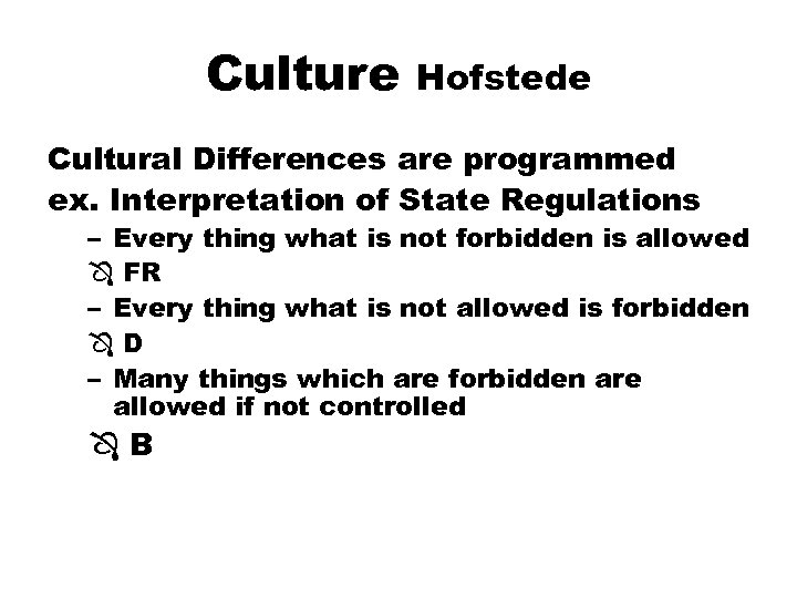 Culture Hofstede Cultural Differences are programmed ex. Interpretation of State Regulations – Every thing