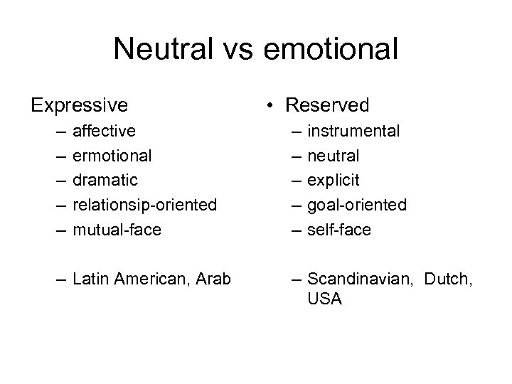 Neutral vs emotional Expressive – – – affective ermotional dramatic relationsip-oriented mutual-face – Latin