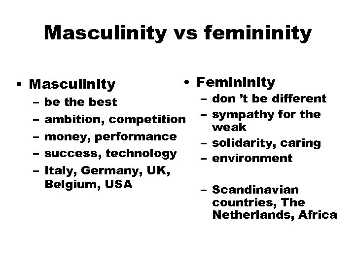 Masculinity vs femininity • Masculinity – – – • Femininity be the best ambition,