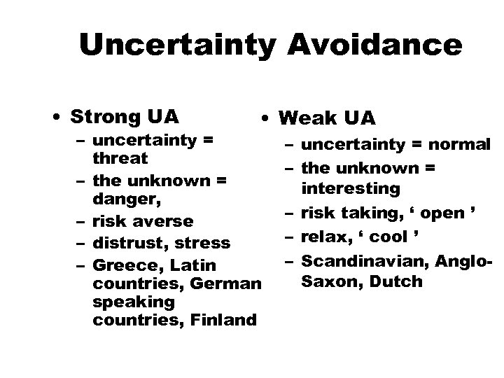 Uncertainty Avoidance • Strong UA • Weak UA – uncertainty = threat – the