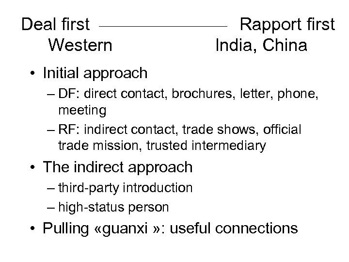 Deal first Rapport first Western India, China • Initial approach – DF: direct contact,