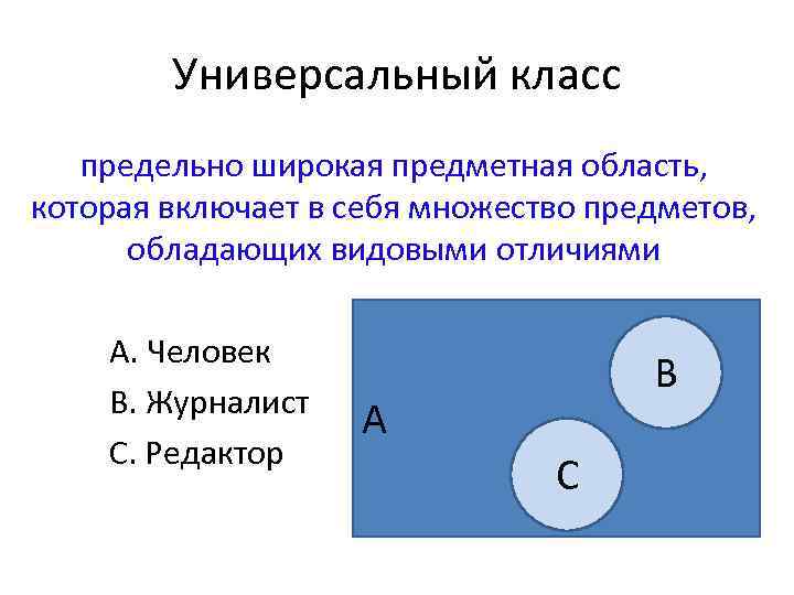 Универсальный класс предельно широкая предметная область, которая включает в себя множество предметов, обладающих видовыми