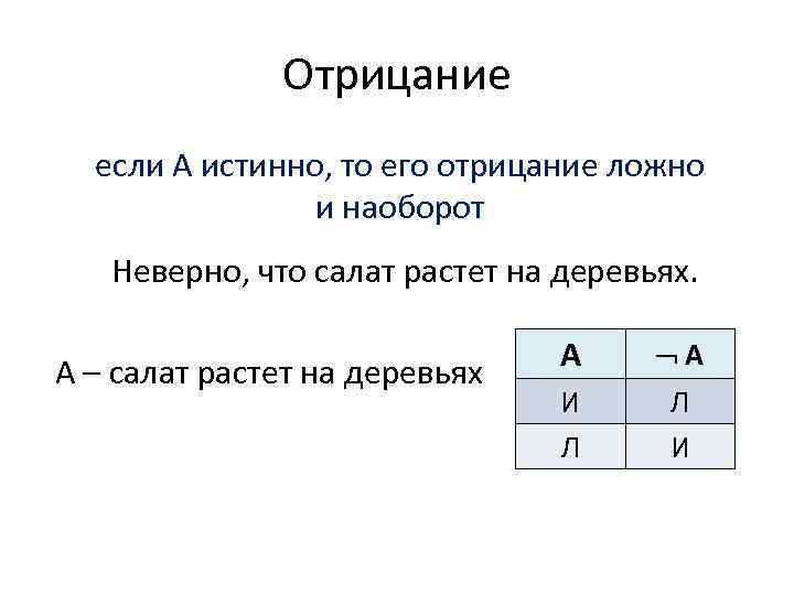 Отрицание если А истинно, то его отрицание ложно и наоборот Неверно, что салат растет