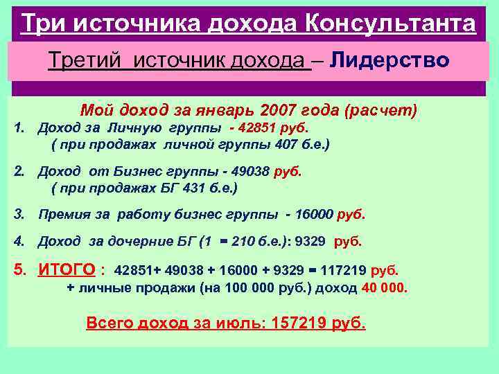 Три источника дохода Консультанта Третий источник дохода – Лидерство Мой доход за январь 2007