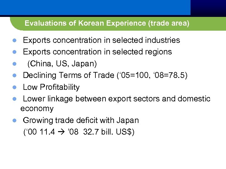 Evaluations of Korean Experience (trade area) Exports concentration in selected industries l Exports concentration