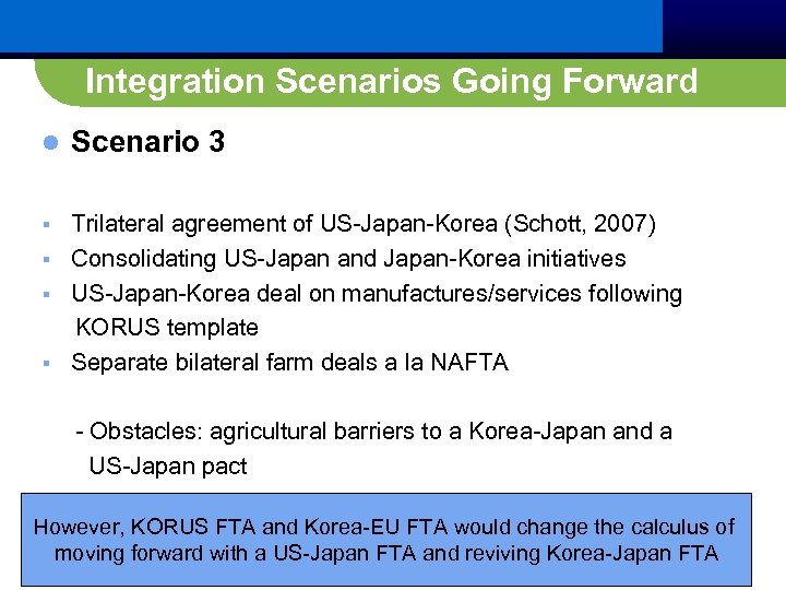 Integration Scenarios Going Forward l Scenario 3 Trilateral agreement of US-Japan-Korea (Schott, 2007) §