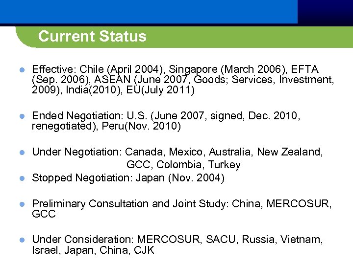 Current Status l Effective: Chile (April 2004), Singapore (March 2006), EFTA (Sep. 2006), ASEAN