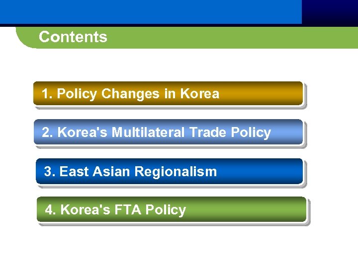 Contents 1. Policy Changes in Korea 2. Korea's Multilateral Trade Policy 3. East Asian