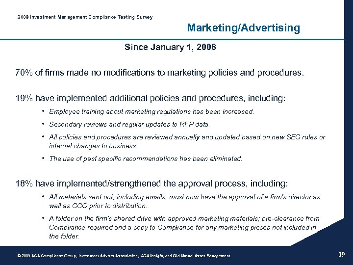 2009 Investment Management Compliance Testing Survey Marketing/Advertising Since January 1, 2008 70% of firms