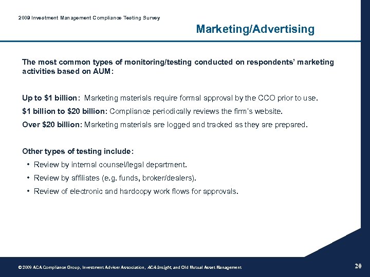 2009 Investment Management Compliance Testing Survey Marketing/Advertising The most common types of monitoring/testing conducted