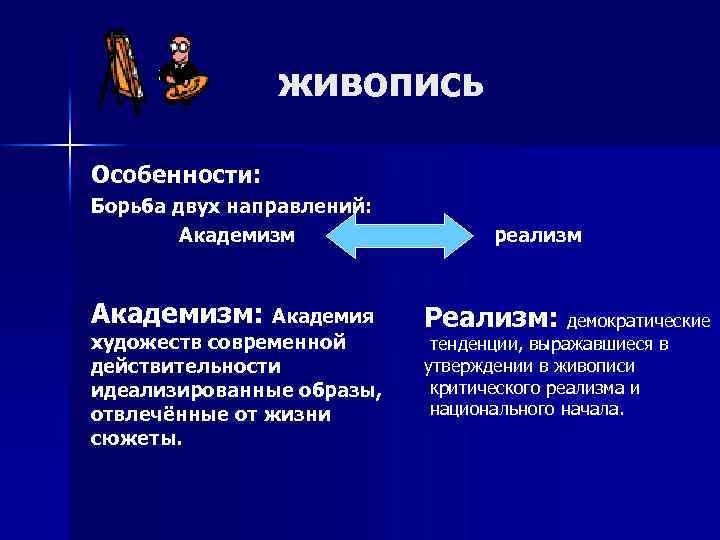живопись Особенности: Борьба двух направлений: Академизм: Академия художеств современной действительности идеализированные образы, отвлечённые от