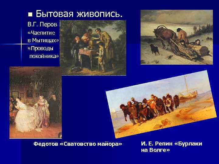 n Бытовая живопись. В. Г. Перов «Чаепитие в Мытищах» «Проводы покойника» Федотов «Сватовство майора»