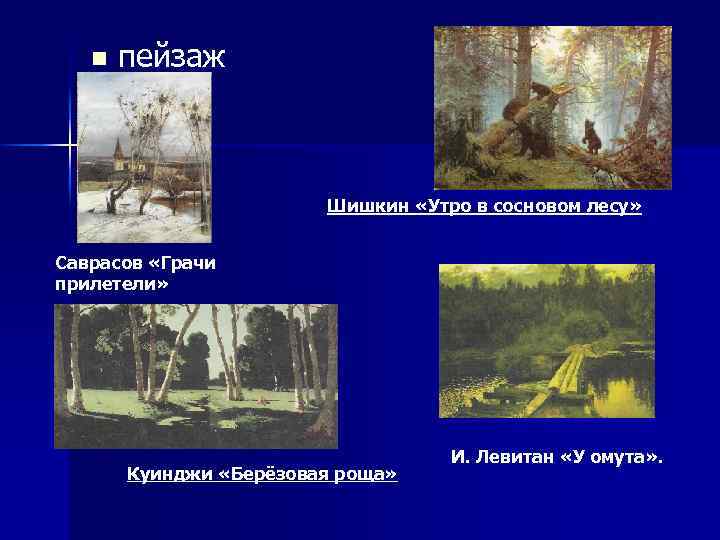 n пейзаж Шишкин «Утро в сосновом лесу» Саврасов «Грачи прилетели» Куинджи «Берёзовая роща» И.