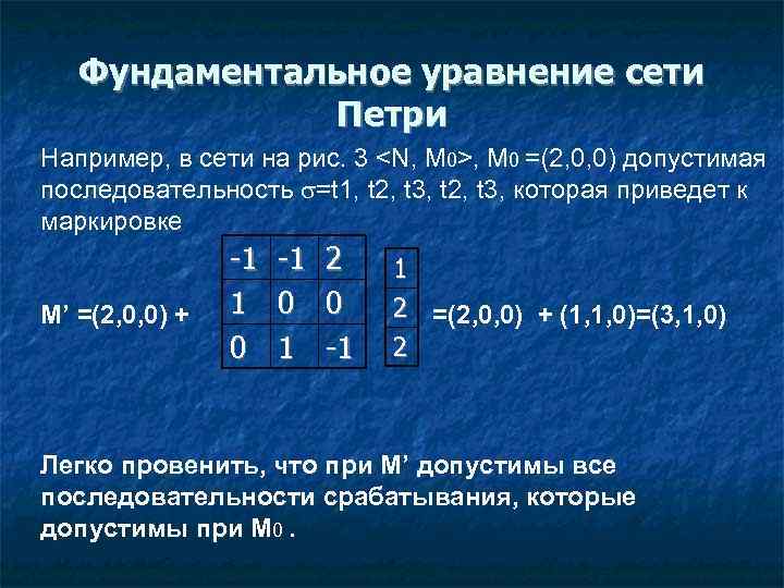 Фундаментальное уравнение сети Петри Например, в сети на рис. 3 <N, M 0>, М