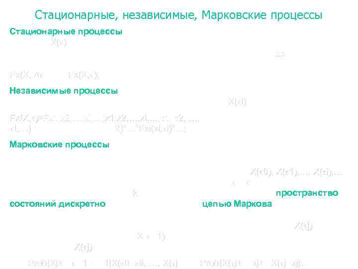 Стационарные, независимые, Марковские процессы Стационарные процессы Процесс X( ) является стационарным, если функция распределения