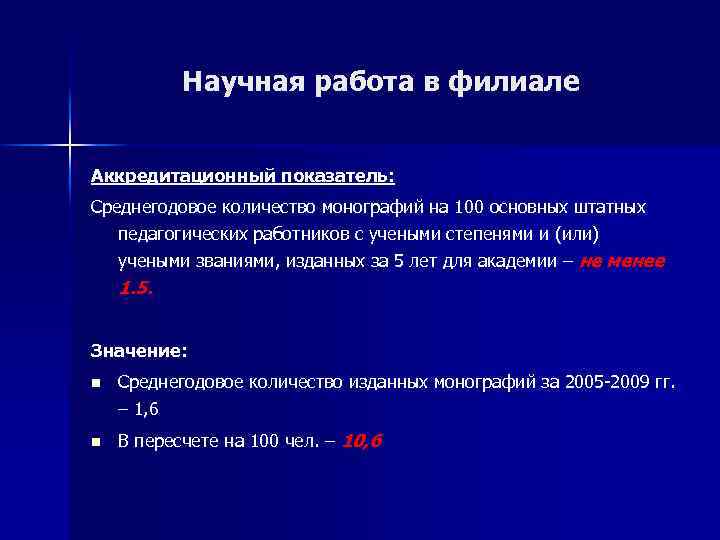 Научная работа в филиале Аккредитационный показатель: Среднегодовое количество монографий на 100 основных штатных педагогических