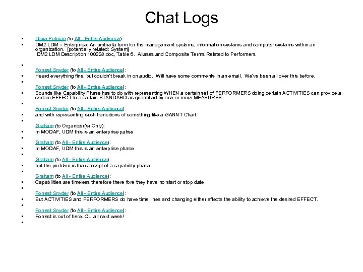 Chat Logs • • • • • • Dave Putman (to All - Entire