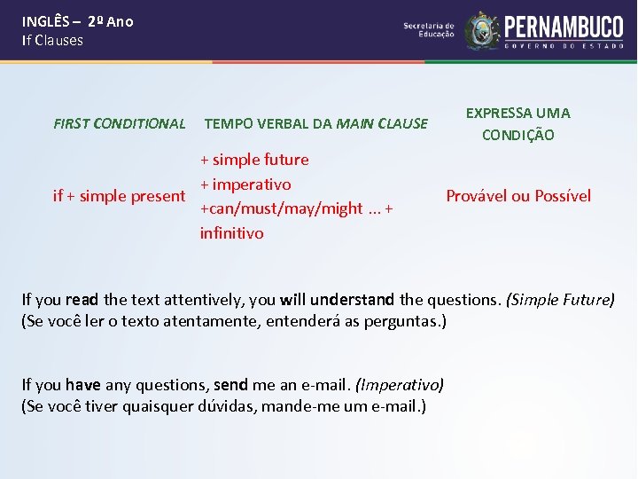  INGLÊS – 2º Ano If Clauses FIRST CONDITIONAL TEMPO VERBAL DA MAIN CLAUSE